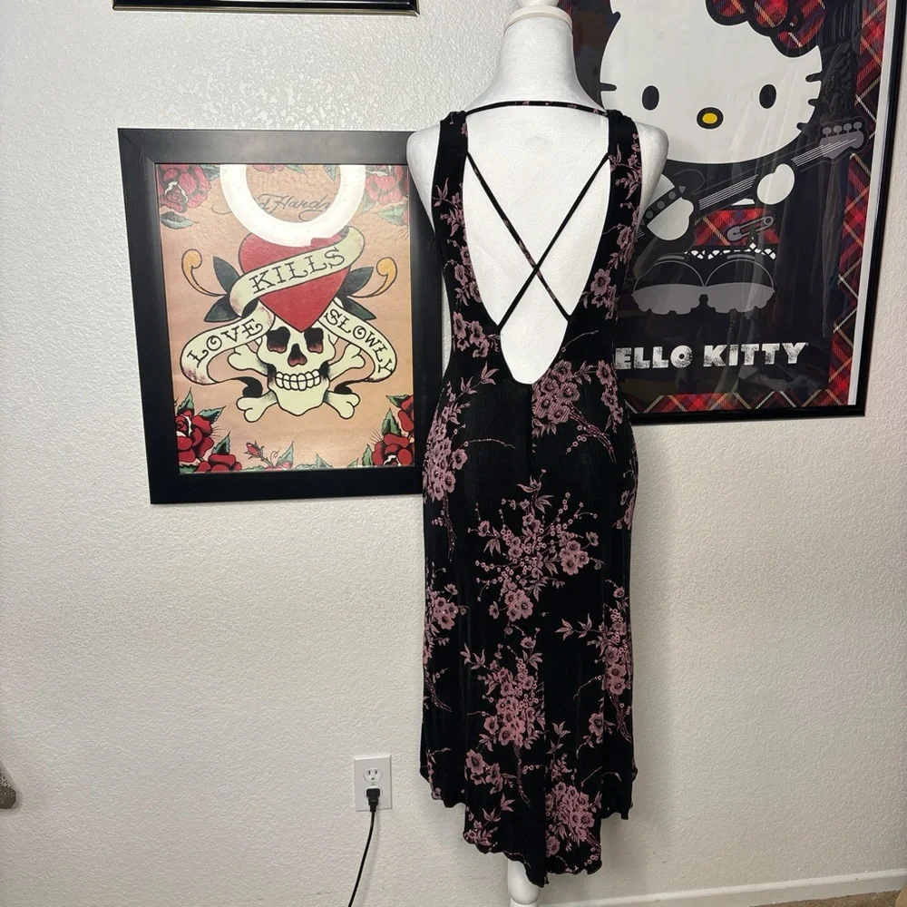 Charlotte Russe Black Pink Glitter Floral Dress Y2K Whimsygoth - Picture 3 of 8